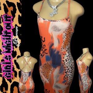 Orange Abstract Animal Print Slip Dress